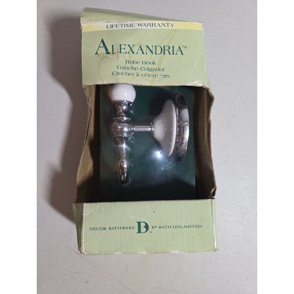 Vtg NOS Alexandria Double Robe Hook Polished Chrome and White 2001 No. 62315CC